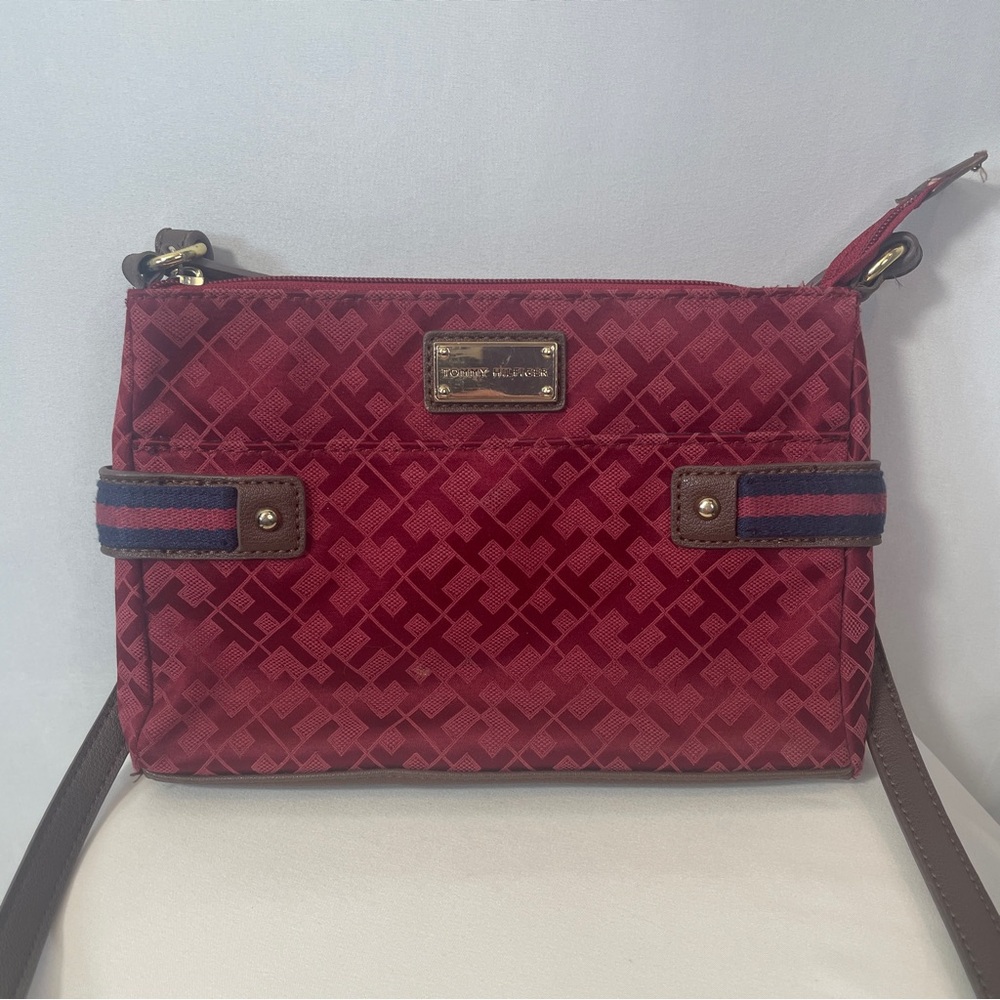 Tommy Hilfiger Burgundy Monogram Zip Crossbody with Gold Logo